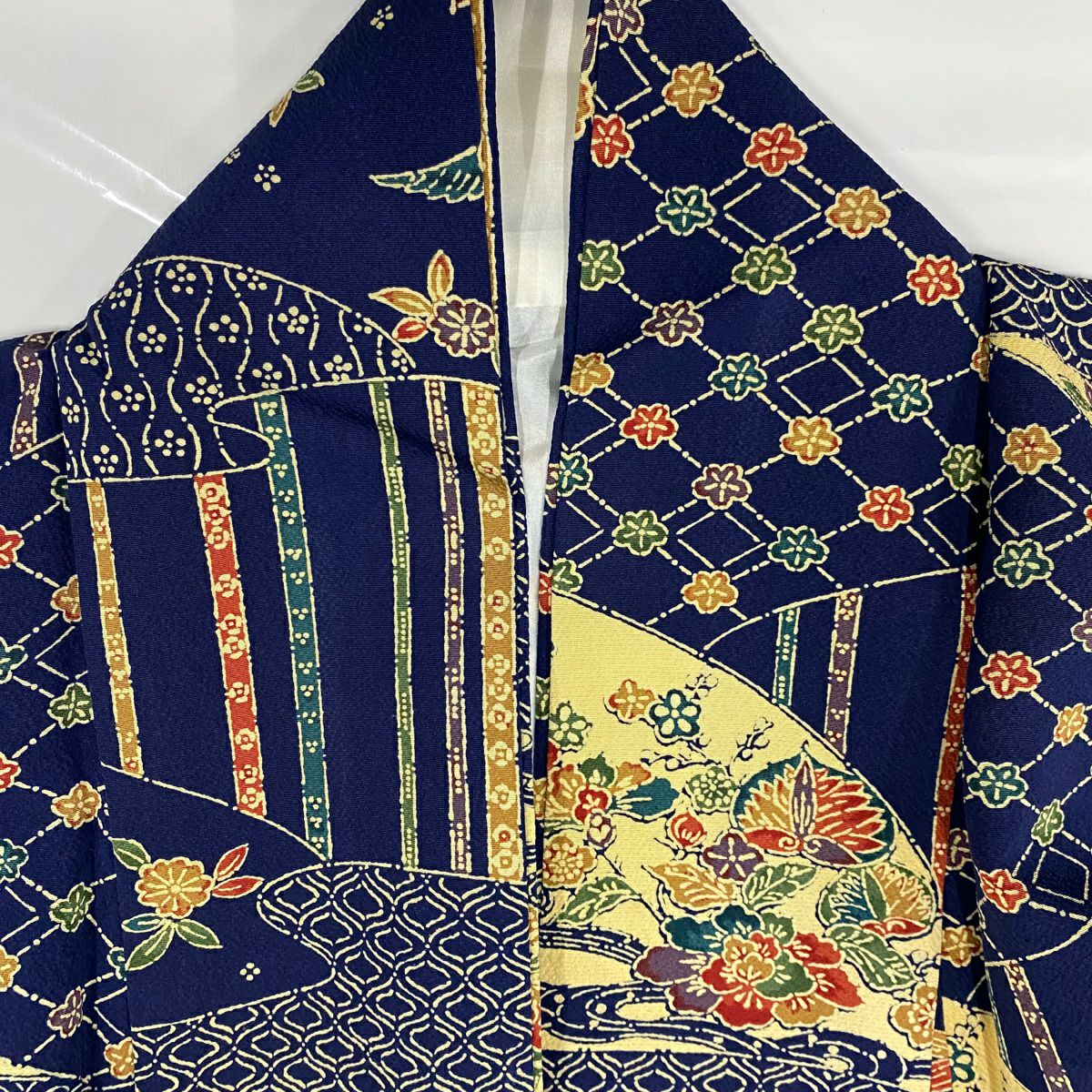 小紋 身長158cm 袖長63cm S 雙層 笹 梅花 深藍 純蠶絲 優品級