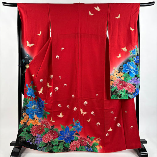 【庫存清倉】振袖禮服 身長164cm 袖長65cm M 雙層 牡丹 蝶 金通し 金銀彩 紅 純蠶絲 名品級
