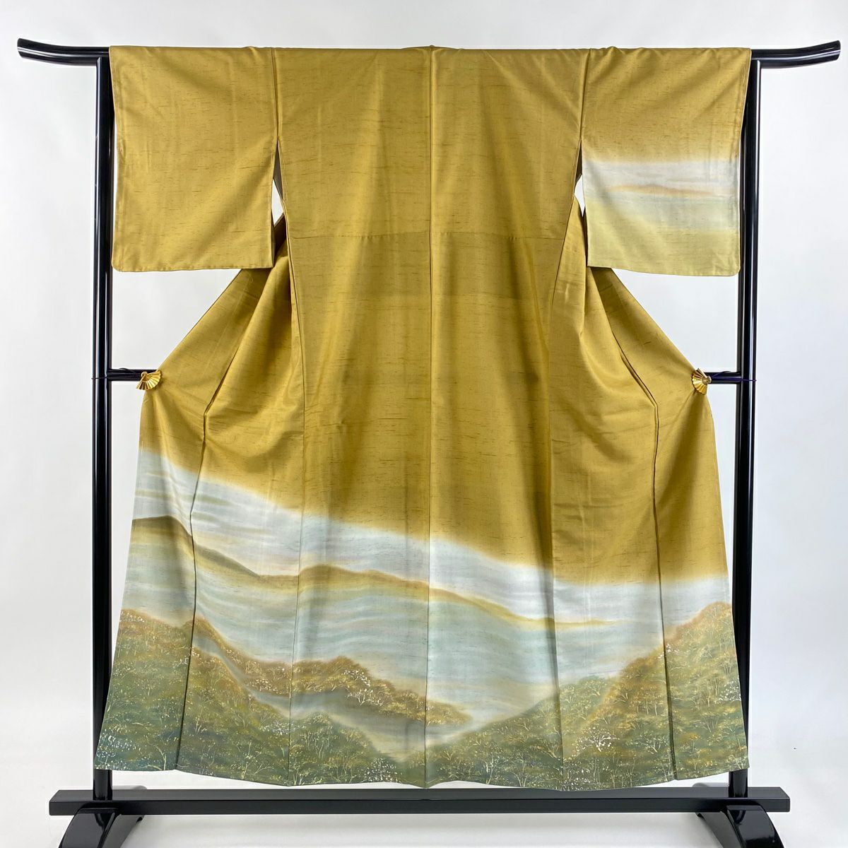 【美品】 付下 身長154cm 袖長64cm M 雙層 紬織織 霞 樹木 山吹茶 純蠶絲 名品級