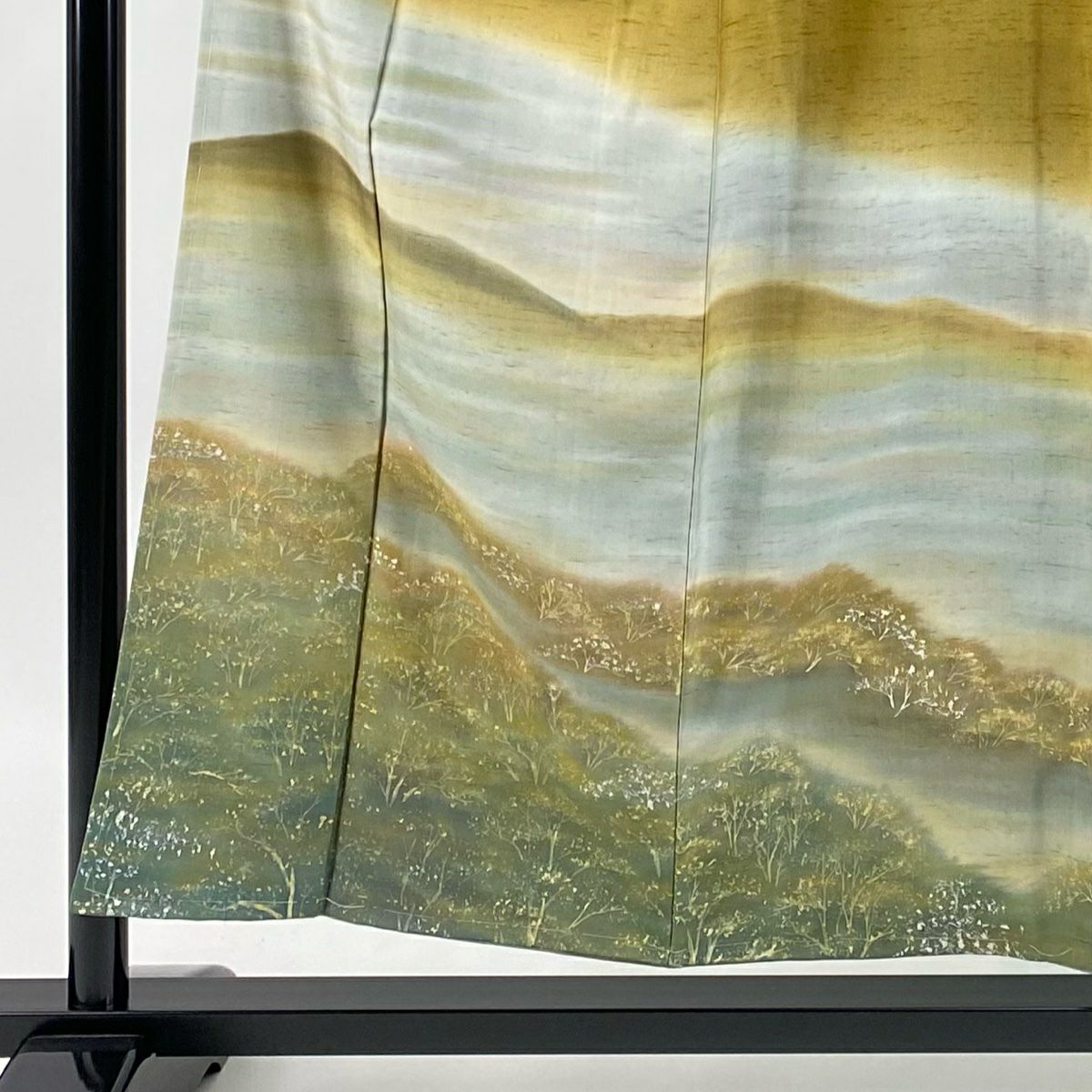 【美品】 付下 身長154cm 袖長64cm M 雙層 紬織織 霞 樹木 山吹茶 純蠶絲 名品級
