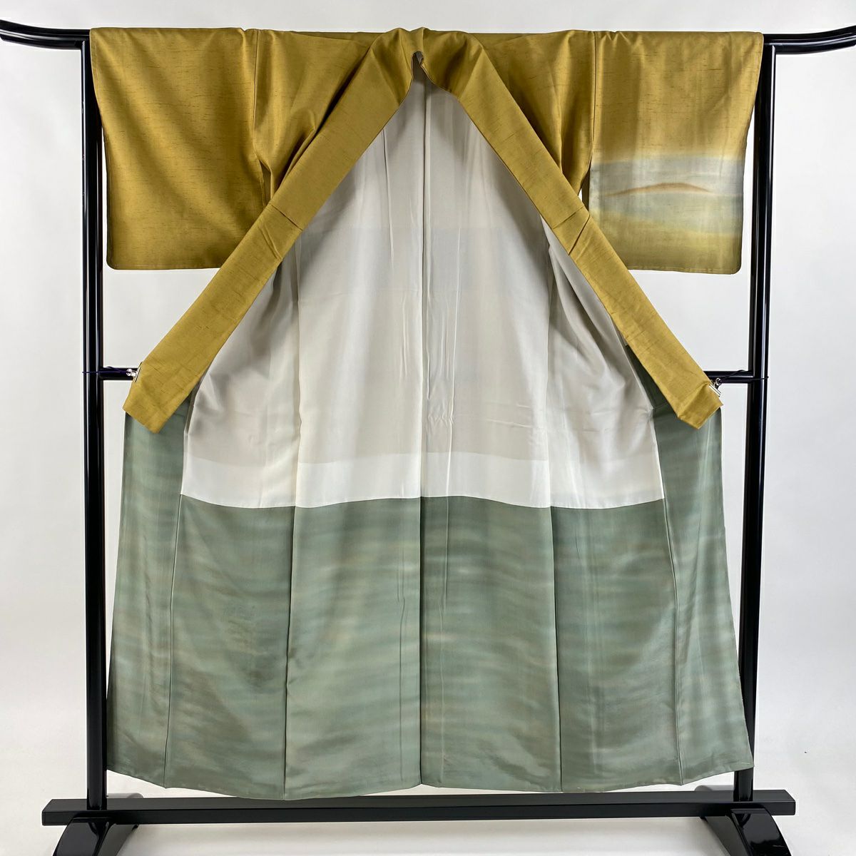 【美品】 付下 身長154cm 袖長64cm M 雙層 紬織織 霞 樹木 山吹茶 純蠶絲 名品級