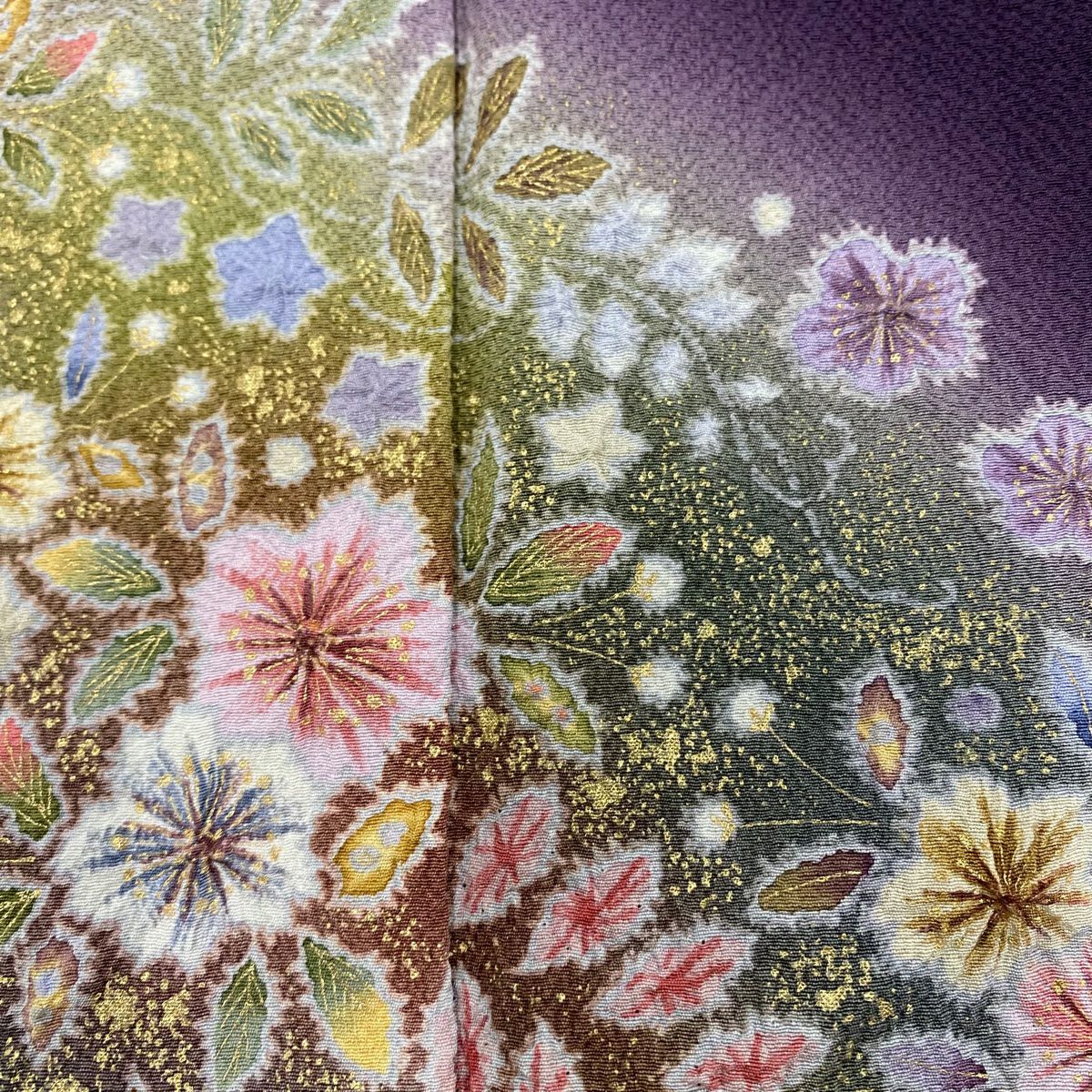 【美品】 付下 身長154cm 袖長64cm M 雙層 紬織織 霞 樹木 山吹茶 純蠶絲 名品級