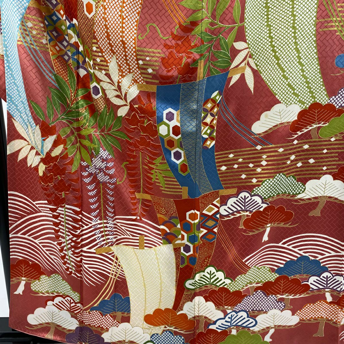 振袖禮服 身長161.5cm 袖長65cm M 雙層 吾妻德穗 落款あり 帆 藤 金絲 金銀彩 粉紅 純蠶絲 逸品級
