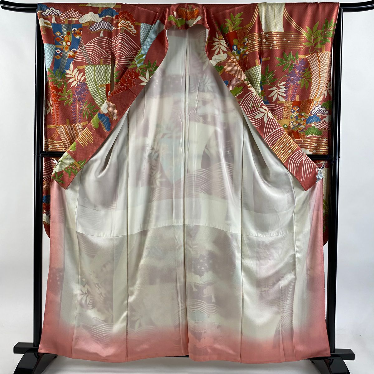 振袖禮服 身長161.5cm 袖長65cm M 雙層 吾妻德穗 落款あり 帆 藤 金絲 金銀彩 粉紅 純蠶絲 逸品級