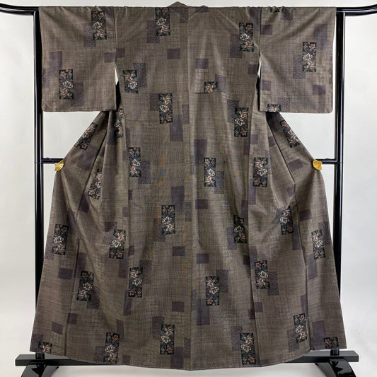 【美品】 大島紬織 身長159.5cm 袖長63cm S 雙層 都喜ヱ門 純泥染 證書附帶 短冊 草花紋紋 焦茶 純蠶絲 逸品級