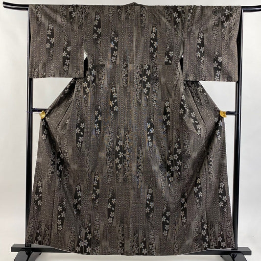 【美品】 大島織 身長160.5cm 袖長65cm M 雙層 純泥染 證書附 櫻花 流水 焦茶 純蠶絲 逸品級