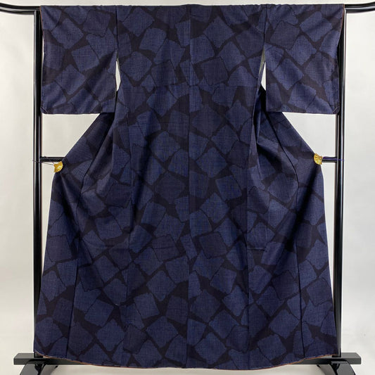 【美品】結城紬織 身長160cm 袖長64.5cm M 雙層 はたおり娘 奥順 證書齊全 破損色紙 龜甲絣 深藍 純蠶絲 逸品級