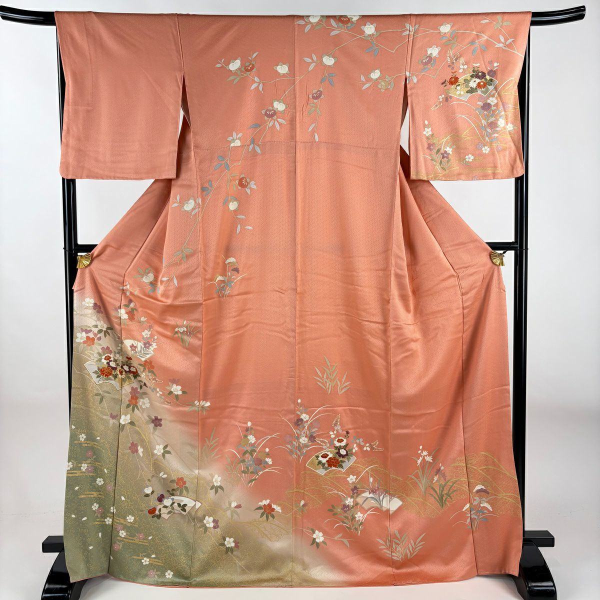 訪問服 身長168.5cm 袖長66cm M 雙層 扇子面 垂枝櫻 金絲 金銀彩 鮭粉色 純蠶絲 優品級