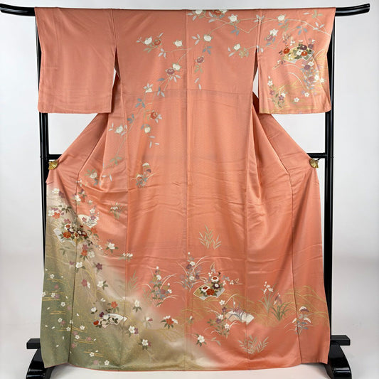 訪問服 身長168.5cm 袖長66cm M 雙層 扇子面 垂枝櫻 金絲 金銀彩 鮭粉色 純蠶絲 優品級