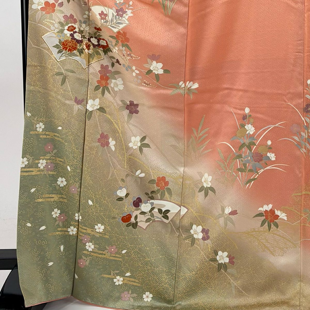 訪問服 身長168.5cm 袖長66cm M 雙層 扇子面 垂枝櫻 金絲 金銀彩 鮭粉色 純蠶絲 優品級