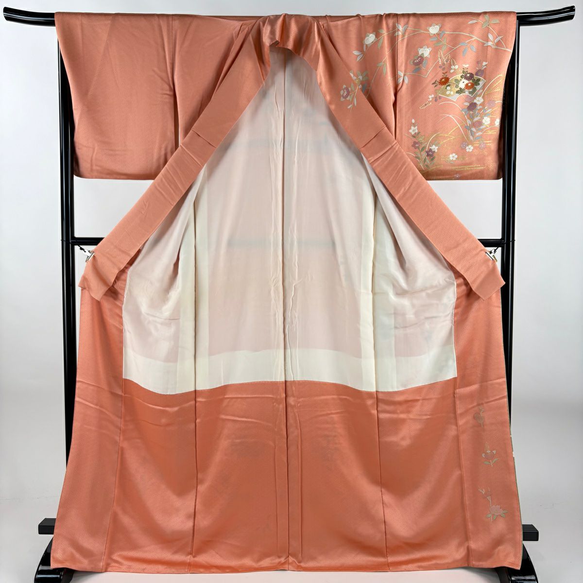 訪問服 身長168.5cm 袖長66cm M 雙層 扇子面 垂枝櫻 金絲 金銀彩 鮭粉色 純蠶絲 優品級