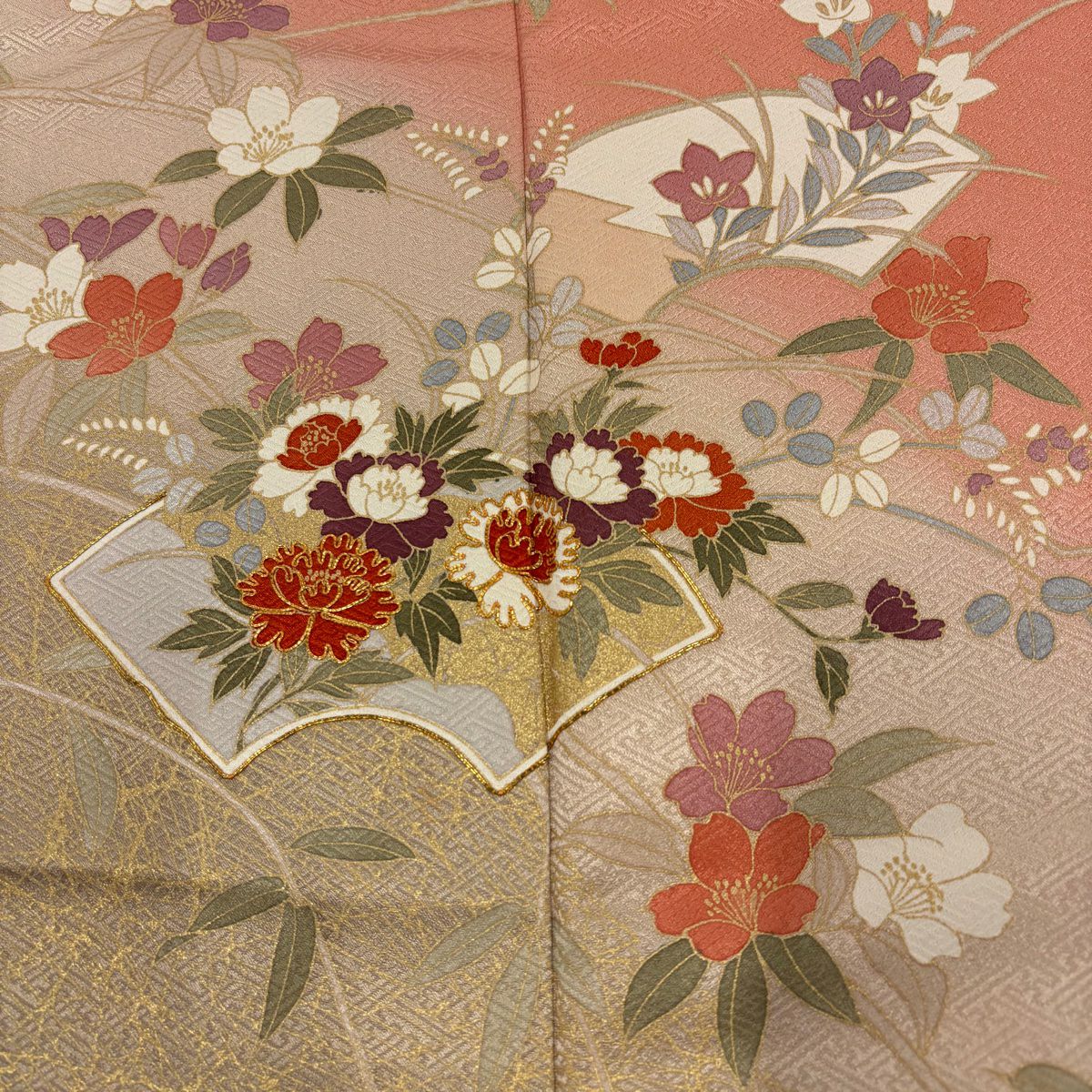 訪問服 身長168.5cm 袖長66cm M 雙層 扇子面 垂枝櫻 金絲 金銀彩 鮭粉色 純蠶絲 優品級