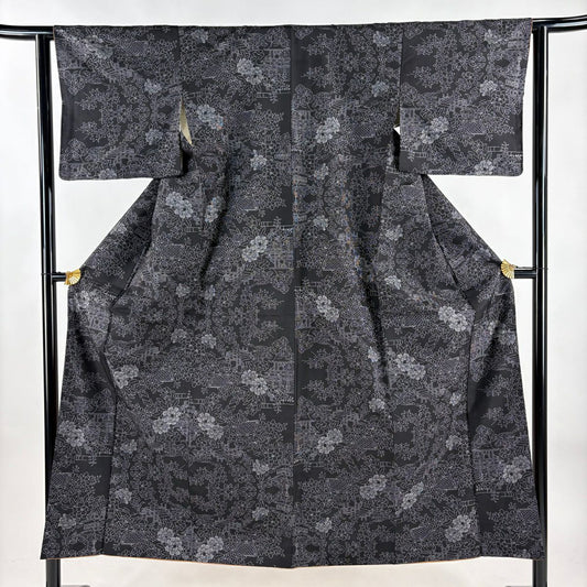 紬織 身長150.5cm 袖長61.5cm S 雙層 草花紋紋 建物 墨 黑 純蠶絲 秀品級