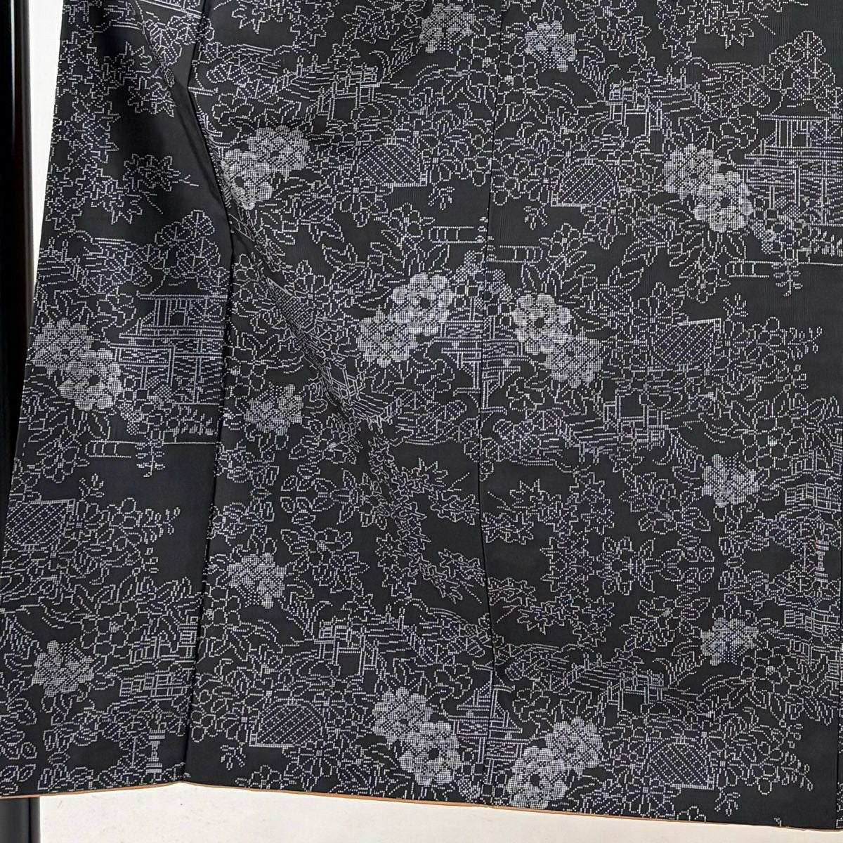 紬織 身長150.5cm 袖長61.5cm S 雙層 草花紋紋 建物 墨 黑 純蠶絲 秀品級