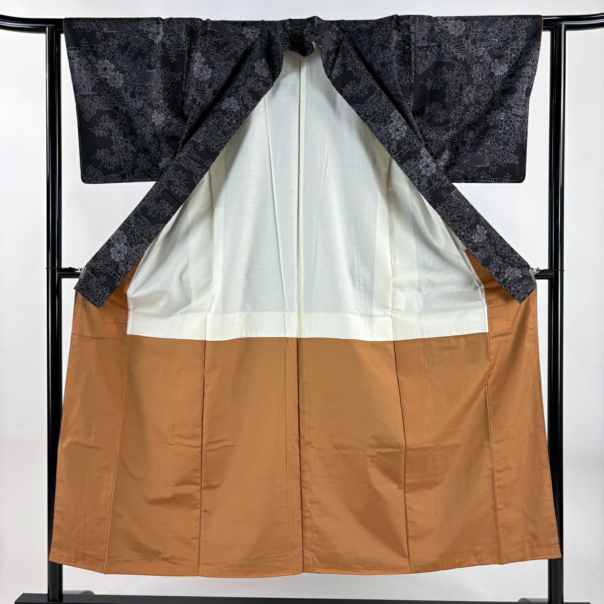 紬織 身長150.5cm 袖長61.5cm S 雙層 草花紋紋 建物 墨 黑 純蠶絲 秀品級