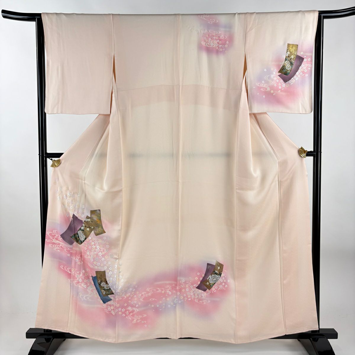 付下 身長159cm 袖長64.5cm M 雙層 短冊 草花紋紋 金銀彩 漸層 淺粉色 純蠶絲 優品級