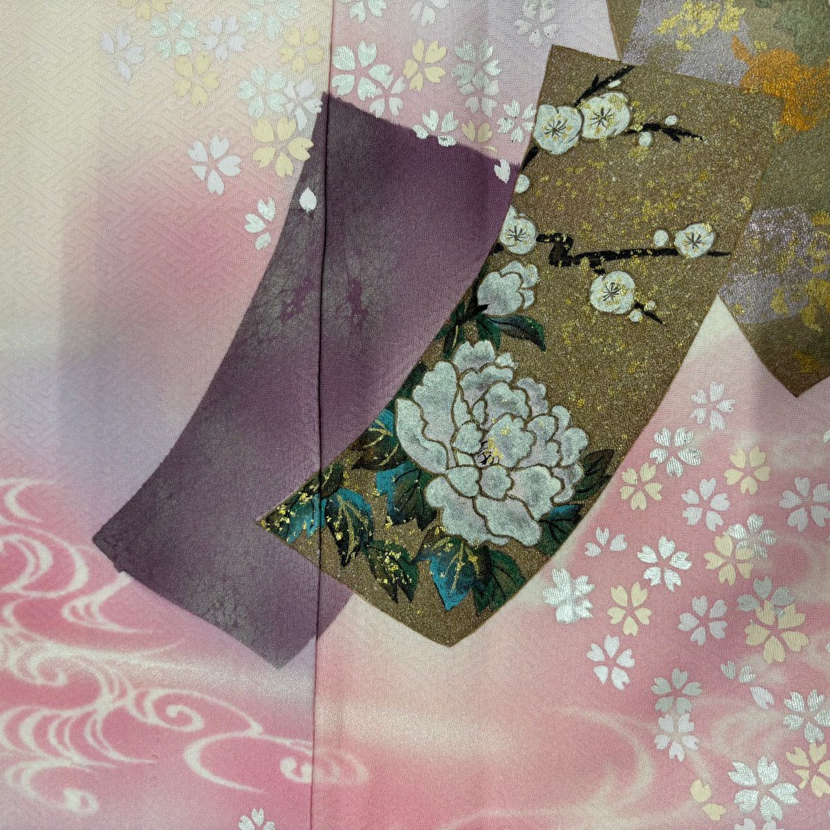付下 身長159cm 袖長64.5cm M 雙層 短冊 草花紋紋 金銀彩 漸層 淺粉色 純蠶絲 優品級