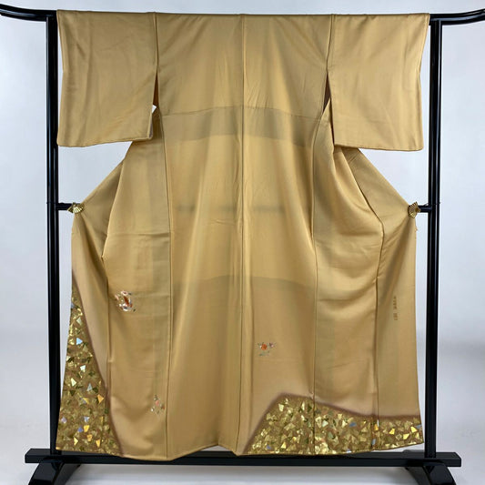 付下 身長156.5cm 袖長63cm S 雙層 吸棉仕立 有落款 鳳凰 花唐草紋 刺繡 金銀彩 山吹 純蠶絲 優品級