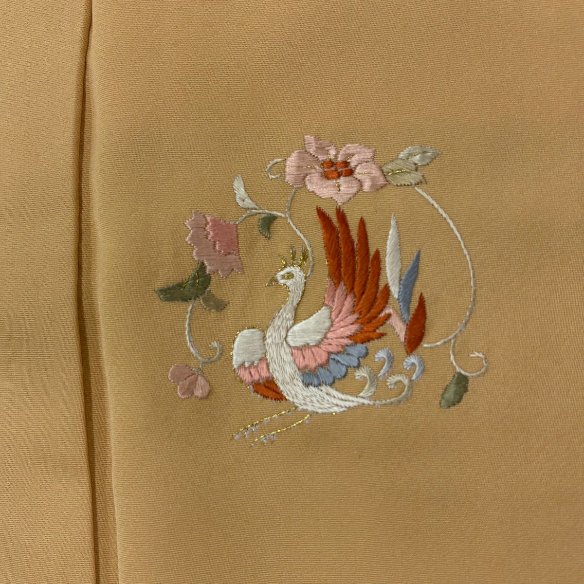 付下 身長156.5cm 袖長63cm S 雙層 吸棉仕立 有落款 鳳凰 花唐草紋 刺繡 金銀彩 山吹 純蠶絲 優品級