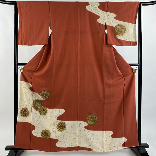 【美品】訪問服 身長161cm 袖長63.5cm S 雙層 華紋 鳥 刺繡 絞染 茜 純蠶絲 秀品級