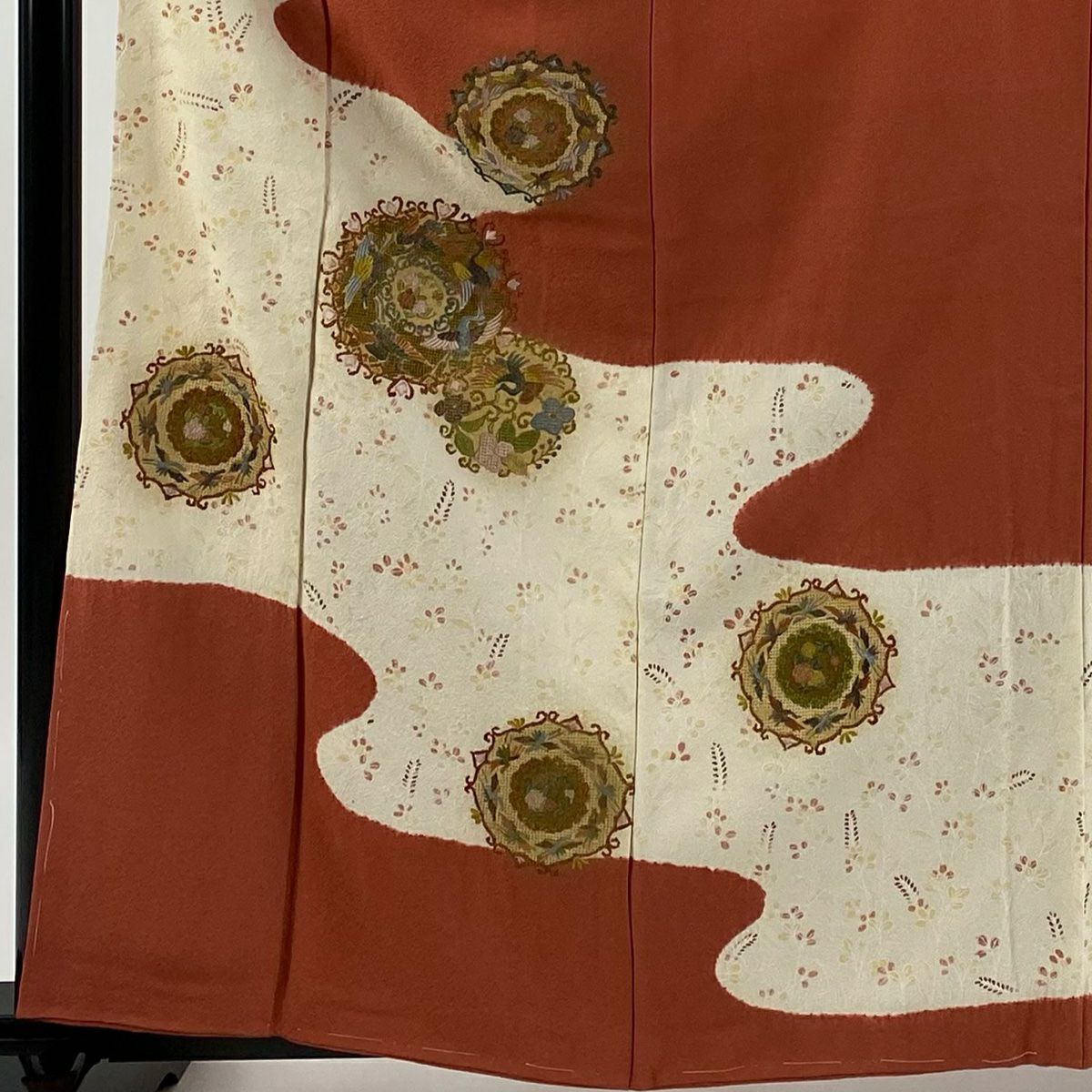【美品】訪問服 身長161cm 袖長63.5cm S 雙層 華紋 鳥 刺繡 絞染 茜 純蠶絲 秀品級