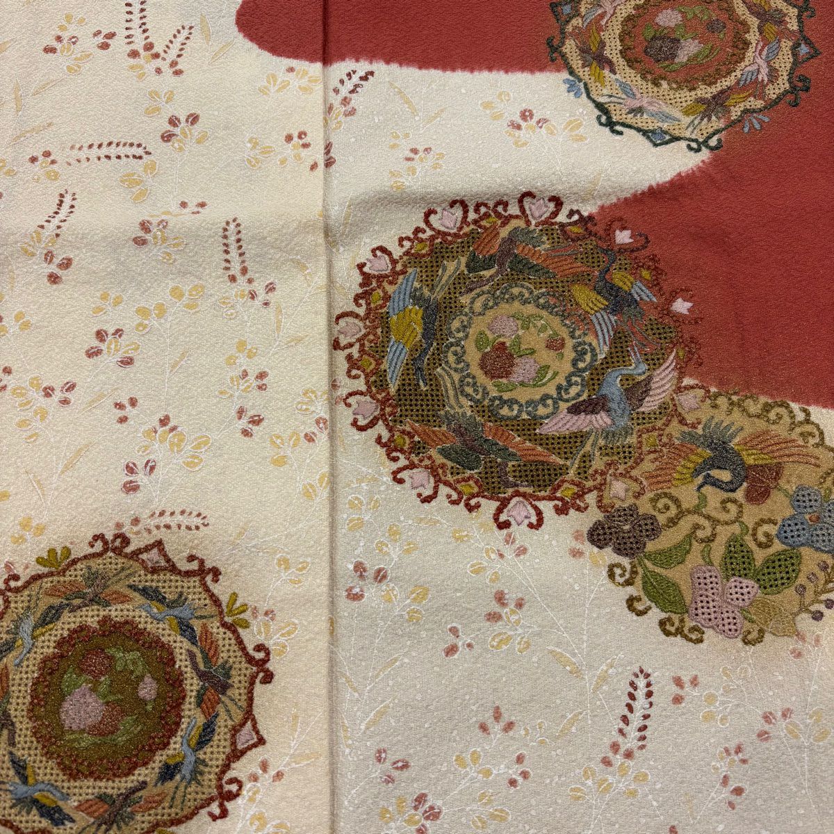 【美品】訪問服 身長161cm 袖長63.5cm S 雙層 華紋 鳥 刺繡 絞染 茜 純蠶絲 秀品級