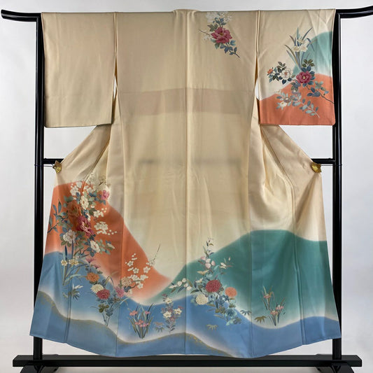 訪問服 身長153cm 袖長64.5cm M 雙層 牡丹 枝梅花 刺繡 金彩裝飾 淺橙色 純蠶絲 優品級