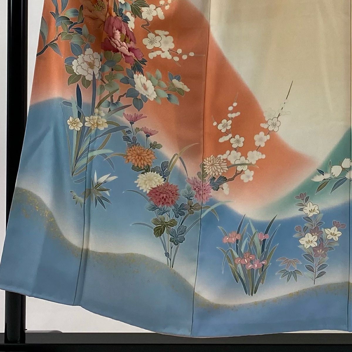 訪問服 身長153cm 袖長64.5cm M 雙層 牡丹 枝梅花 刺繡 金彩裝飾 淺橙色 純蠶絲 優品級
