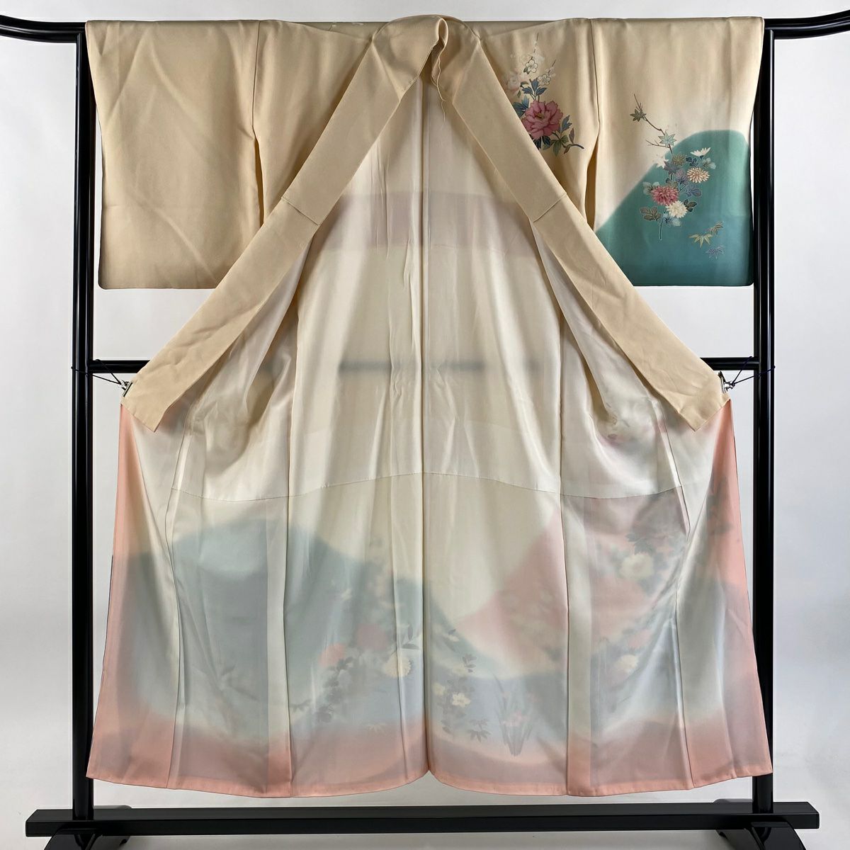 訪問服 身長153cm 袖長64.5cm M 雙層 牡丹 枝梅花 刺繡 金彩裝飾 淺橙色 純蠶絲 優品級
