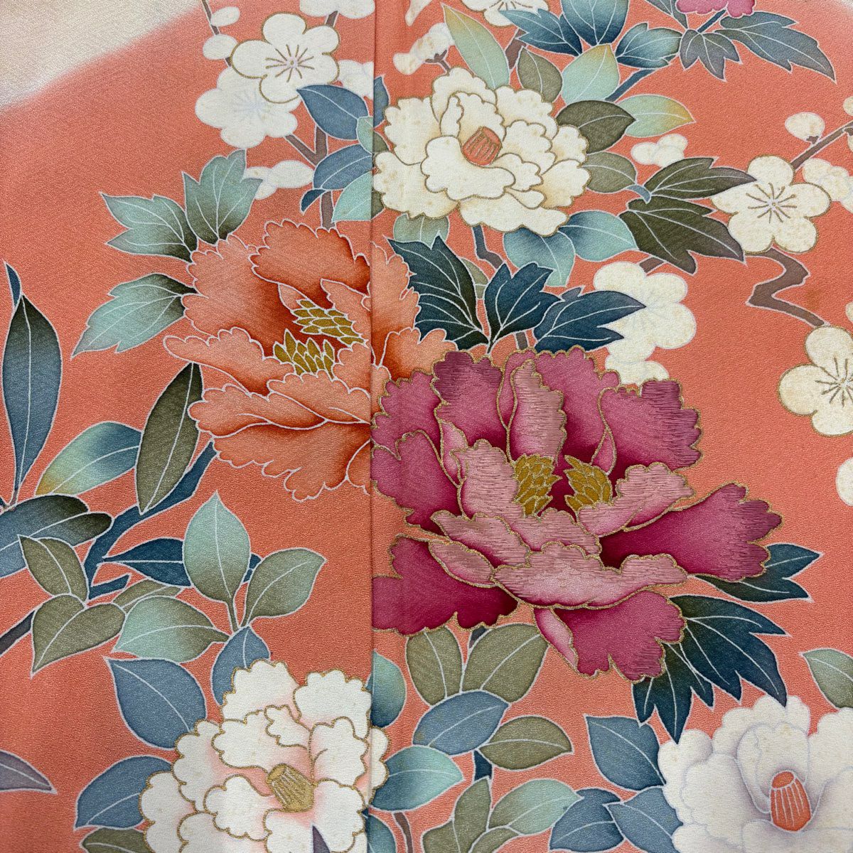 訪問服 身長153cm 袖長64.5cm M 雙層 牡丹 枝梅花 刺繡 金彩裝飾 淺橙色 純蠶絲 優品級