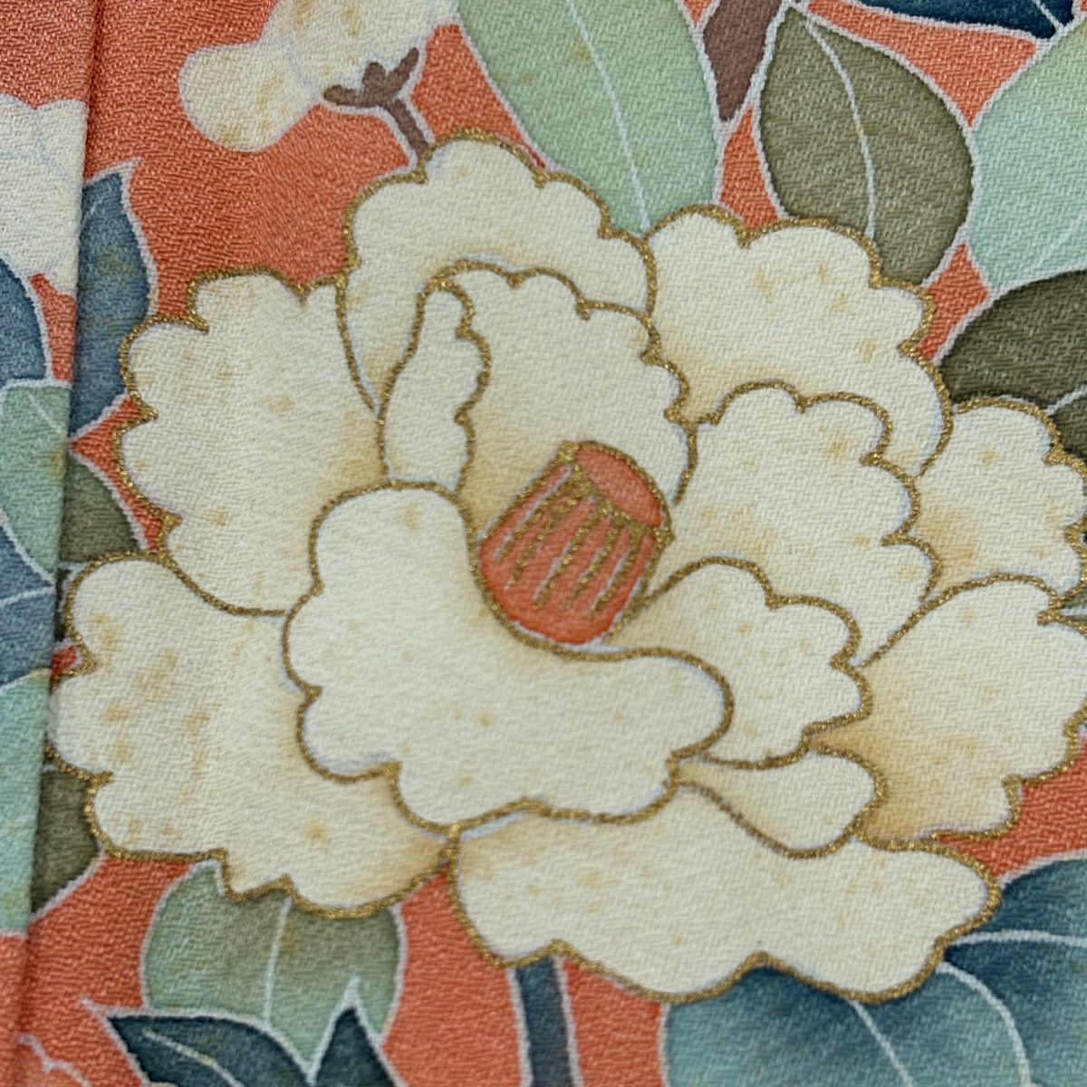 訪問服 身長153cm 袖長64.5cm M 雙層 牡丹 枝梅花 刺繡 金彩裝飾 淺橙色 純蠶絲 優品級