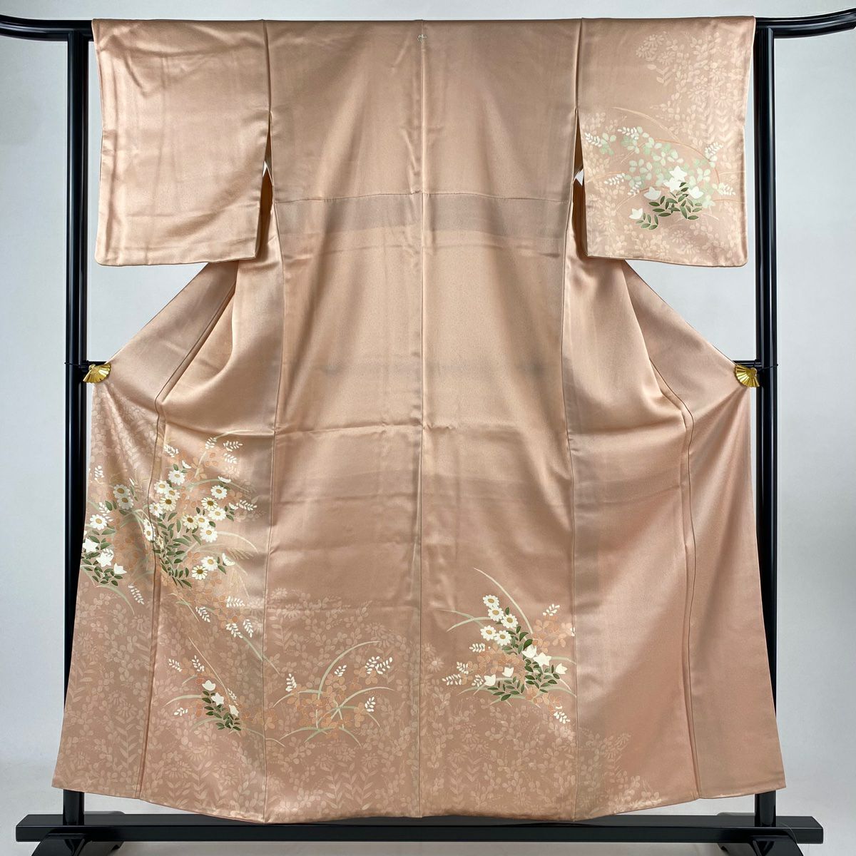 付下 身長156.5cm 袖長63.5cm S 雙層 秋草 相良刺繡 金線 鮭粉色 純蠶絲 優品級 一個紋