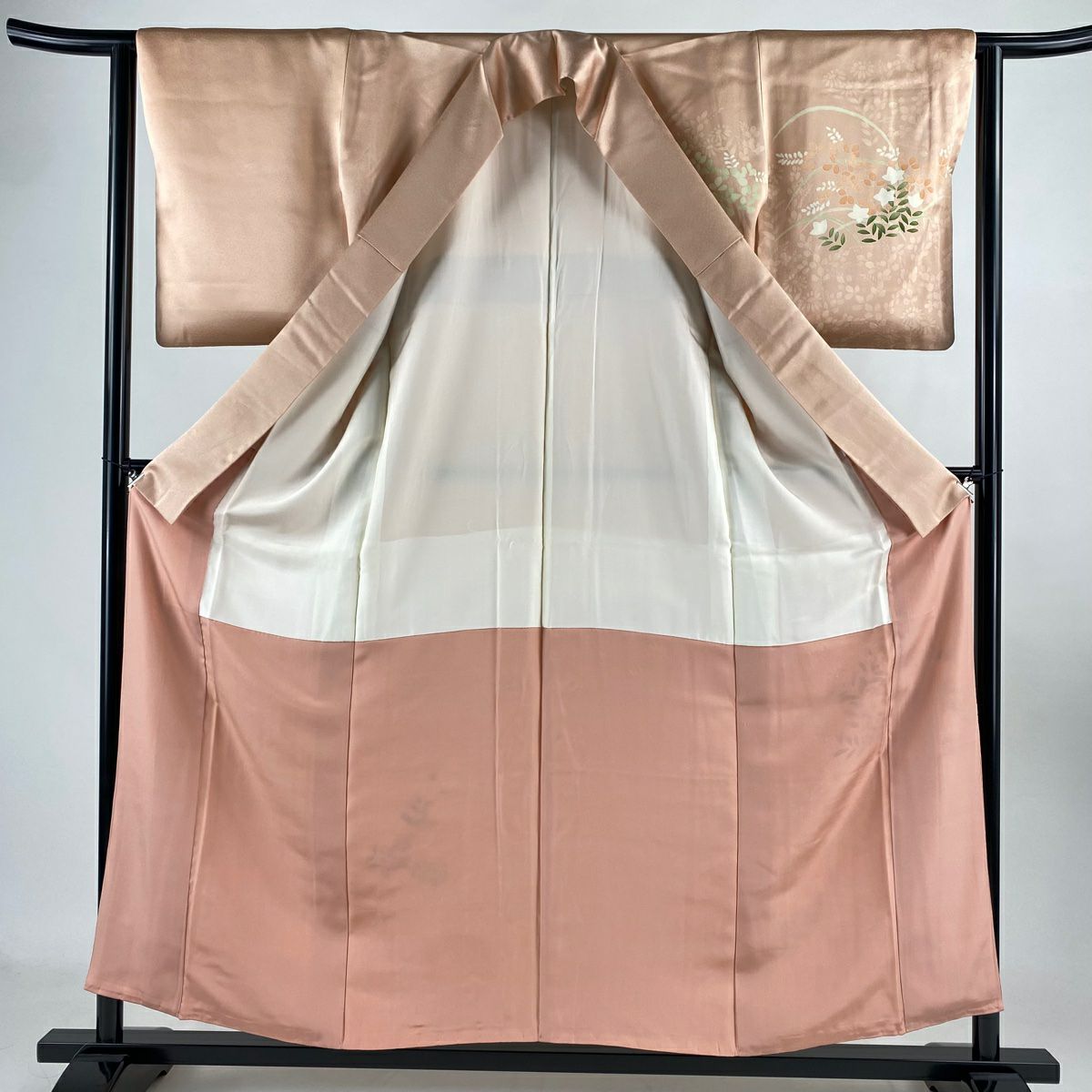 付下 身長156.5cm 袖長63.5cm S 雙層 秋草 相良刺繡 金線 鮭粉色 純蠶絲 優品級 一個紋