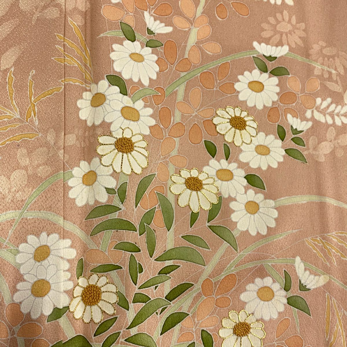 付下 身長156.5cm 袖長63.5cm S 雙層 秋草 相良刺繡 金線 鮭粉色 純蠶絲 優品級 一個紋