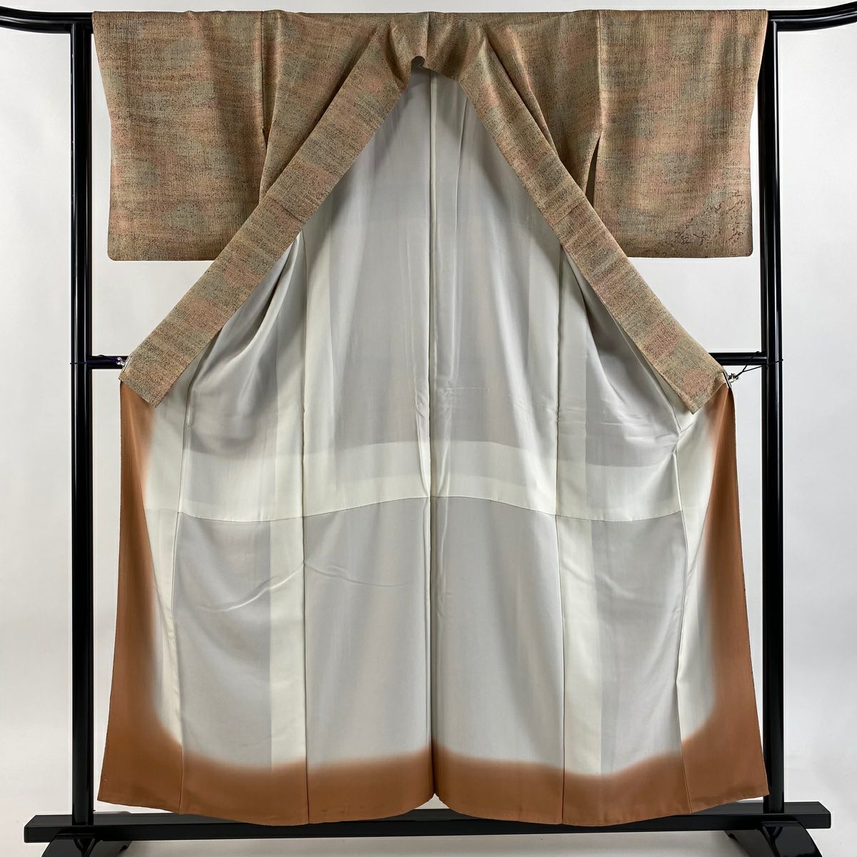 【美品】 付下 身長157.5cm 袖長63cm S 雙層 幾何圖案 淺茶 純蠶絲 優品級