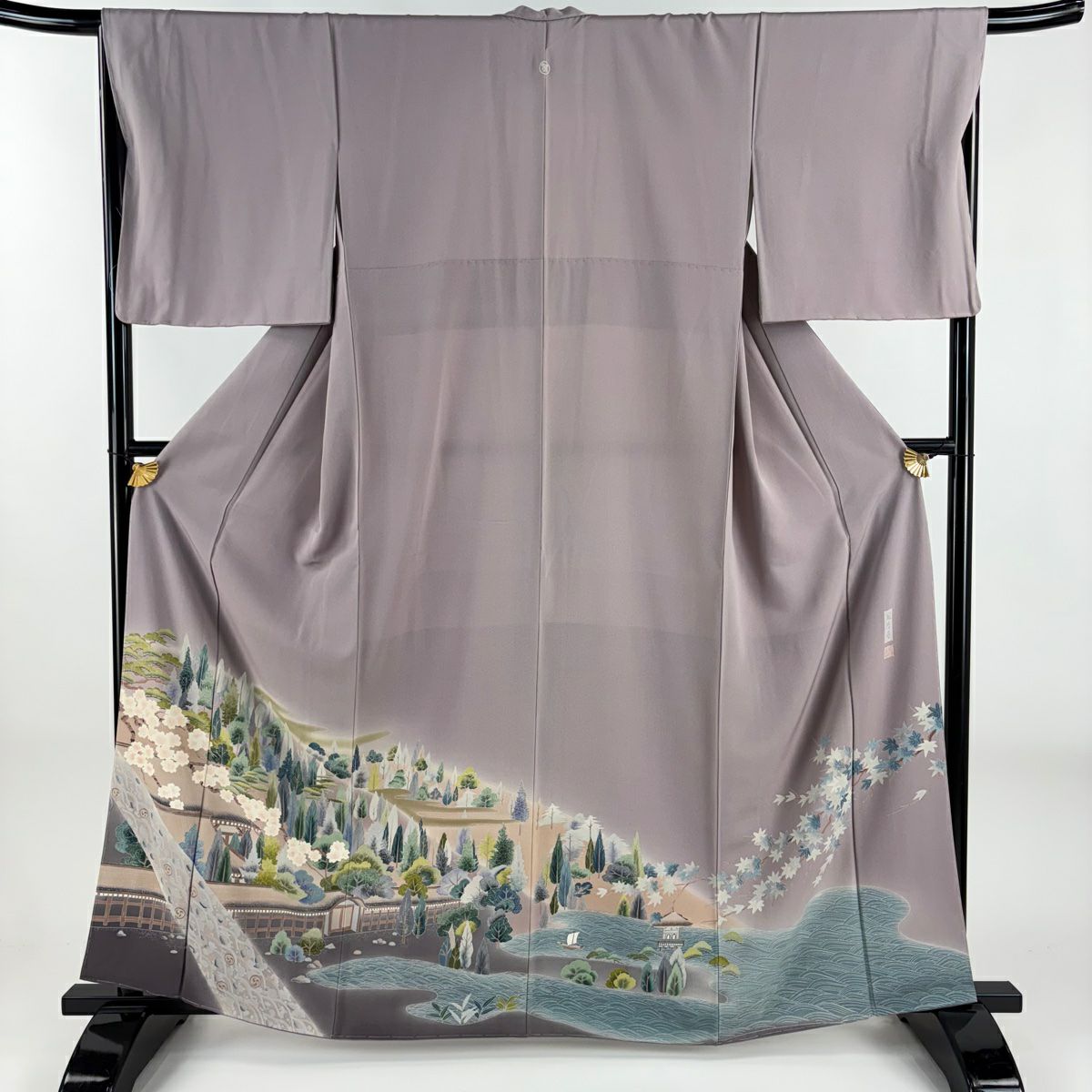 色留袖禮服 身長161cm 袖長65cm M 雙層 落款あり 家屋 櫻花 薄紫 純蠶絲 秀品級 一つ紋