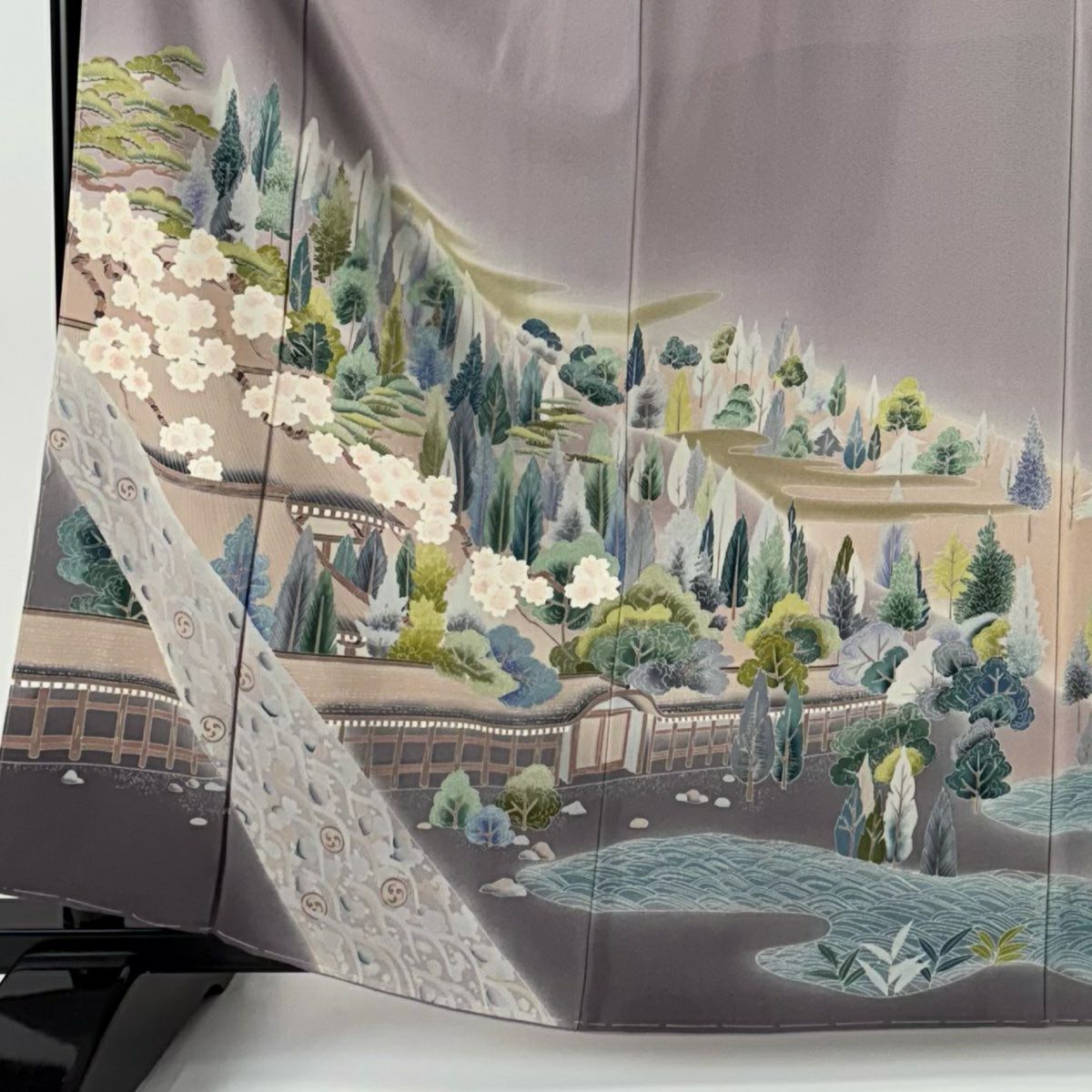色留袖禮服 身長161cm 袖長65cm M 雙層 落款あり 家屋 櫻花 薄紫 純蠶絲 秀品級 一つ紋