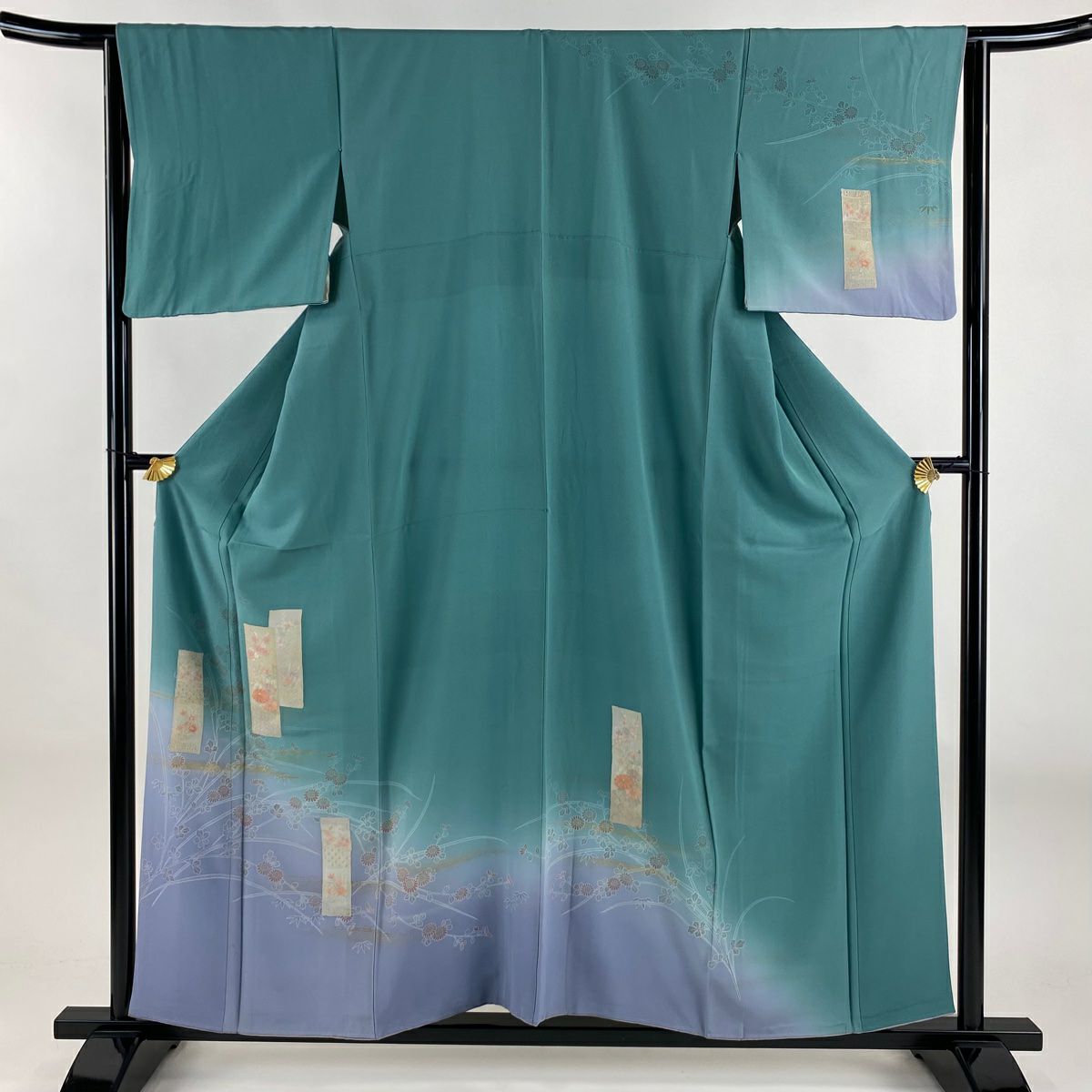 訪問服 身長157cm 袖長64cm M 雙層 短冊 菊花 金彩裝飾 刺繡 灰綠 純蠶絲 秀品級