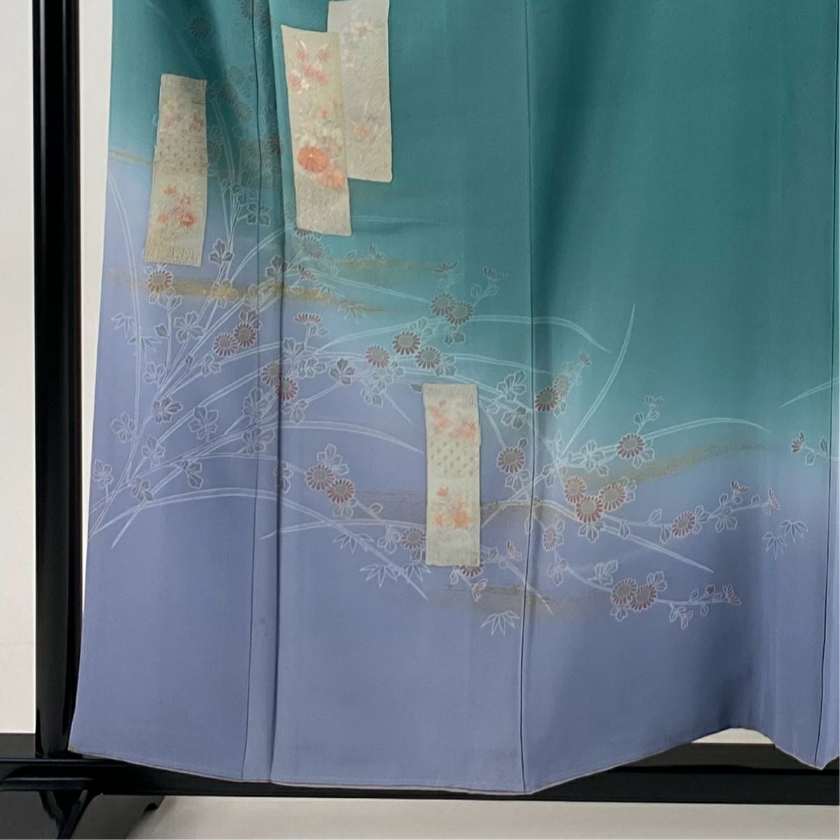 訪問服 身長157cm 袖長64cm M 雙層 短冊 菊花 金彩裝飾 刺繡 灰綠 純蠶絲 秀品級