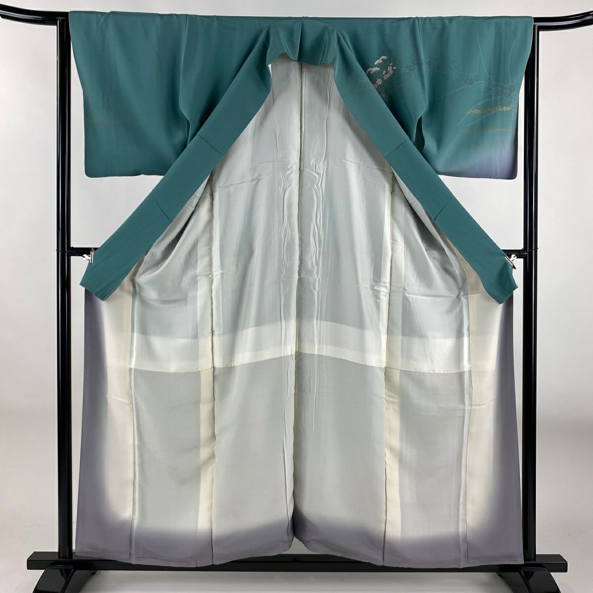 訪問服 身長157cm 袖長64cm M 雙層 短冊 菊花 金彩裝飾 刺繡 灰綠 純蠶絲 秀品級