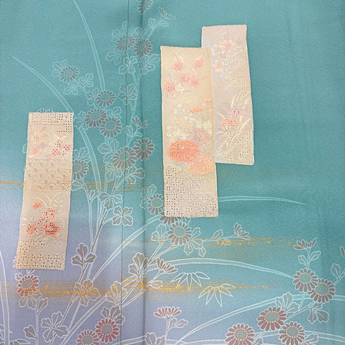 訪問服 身長157cm 袖長64cm M 雙層 短冊 菊花 金彩裝飾 刺繡 灰綠 純蠶絲 秀品級