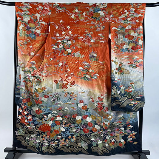 振袖禮服 身長158.5cm 袖長66cm M 雙層 御所車 松樹竹子梅花 金絲 金銀彩 朱 純蠶絲 逸品級