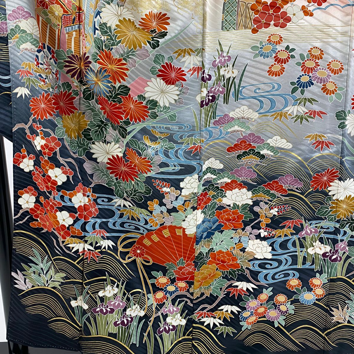 振袖禮服 身長158.5cm 袖長66cm M 雙層 御所車 松樹竹子梅花 金絲 金銀彩 朱 純蠶絲 逸品級