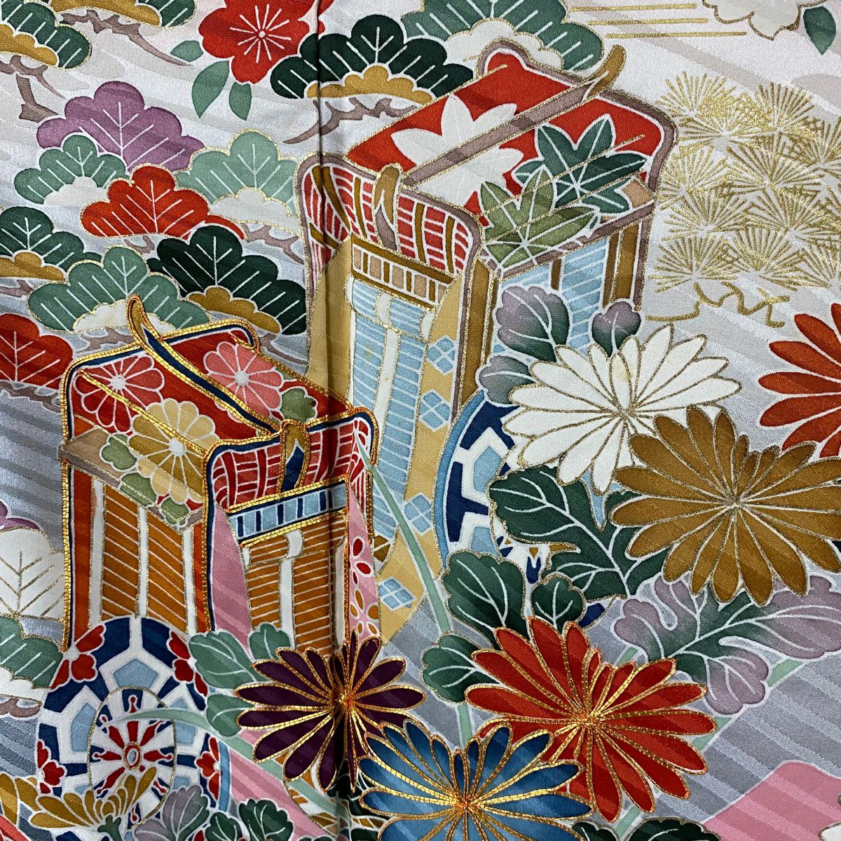 振袖禮服 身長158.5cm 袖長66cm M 雙層 御所車 松樹竹子梅花 金絲 金銀彩 朱 純蠶絲 逸品級