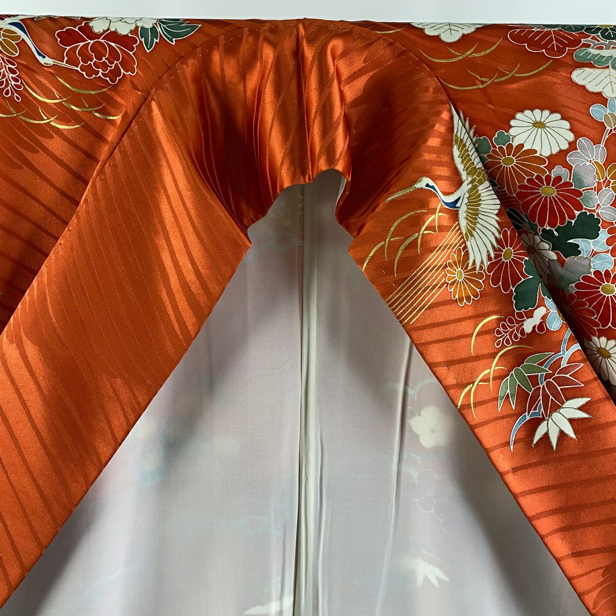 振袖禮服 身長158.5cm 袖長66cm M 雙層 御所車 松樹竹子梅花 金絲 金銀彩 朱 純蠶絲 逸品級