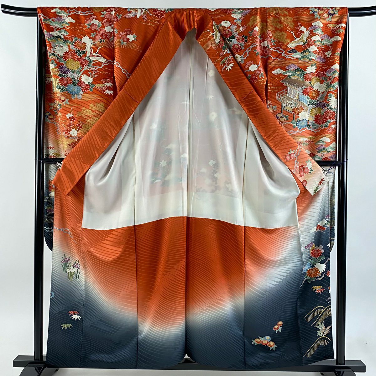 振袖禮服 身長158.5cm 袖長66cm M 雙層 御所車 松樹竹子梅花 金絲 金銀彩 朱 純蠶絲 逸品級
