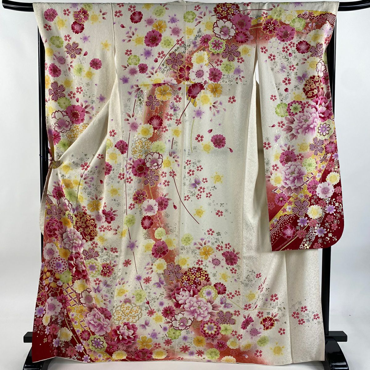 振袖禮服 身長170cm 袖長67.5cm L 雙層 牡丹 櫻花 刺繡 金銀彩 奶油色 純蠶絲 逸品級
