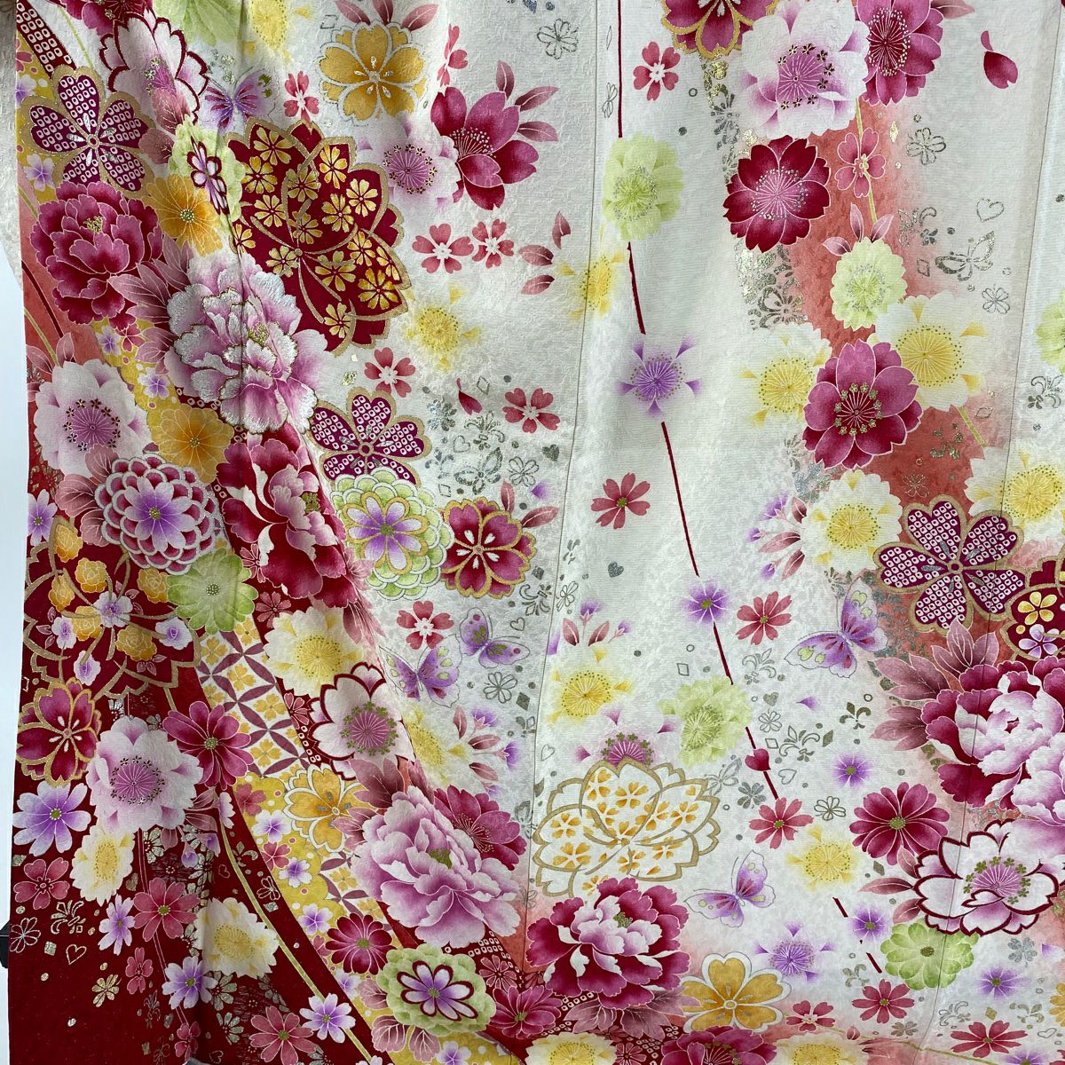 振袖禮服 身長170cm 袖長67.5cm L 雙層 牡丹 櫻花 刺繡 金銀彩 奶油色 純蠶絲 逸品級
