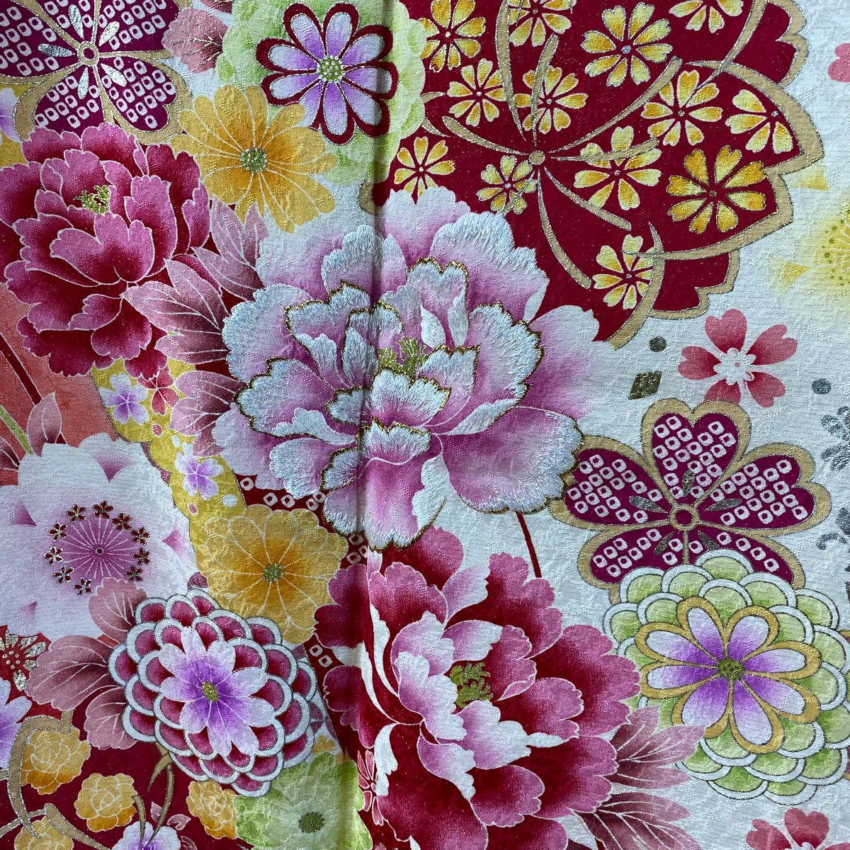 振袖禮服 身長170cm 袖長67.5cm L 雙層 牡丹 櫻花 刺繡 金銀彩 奶油色 純蠶絲 逸品級