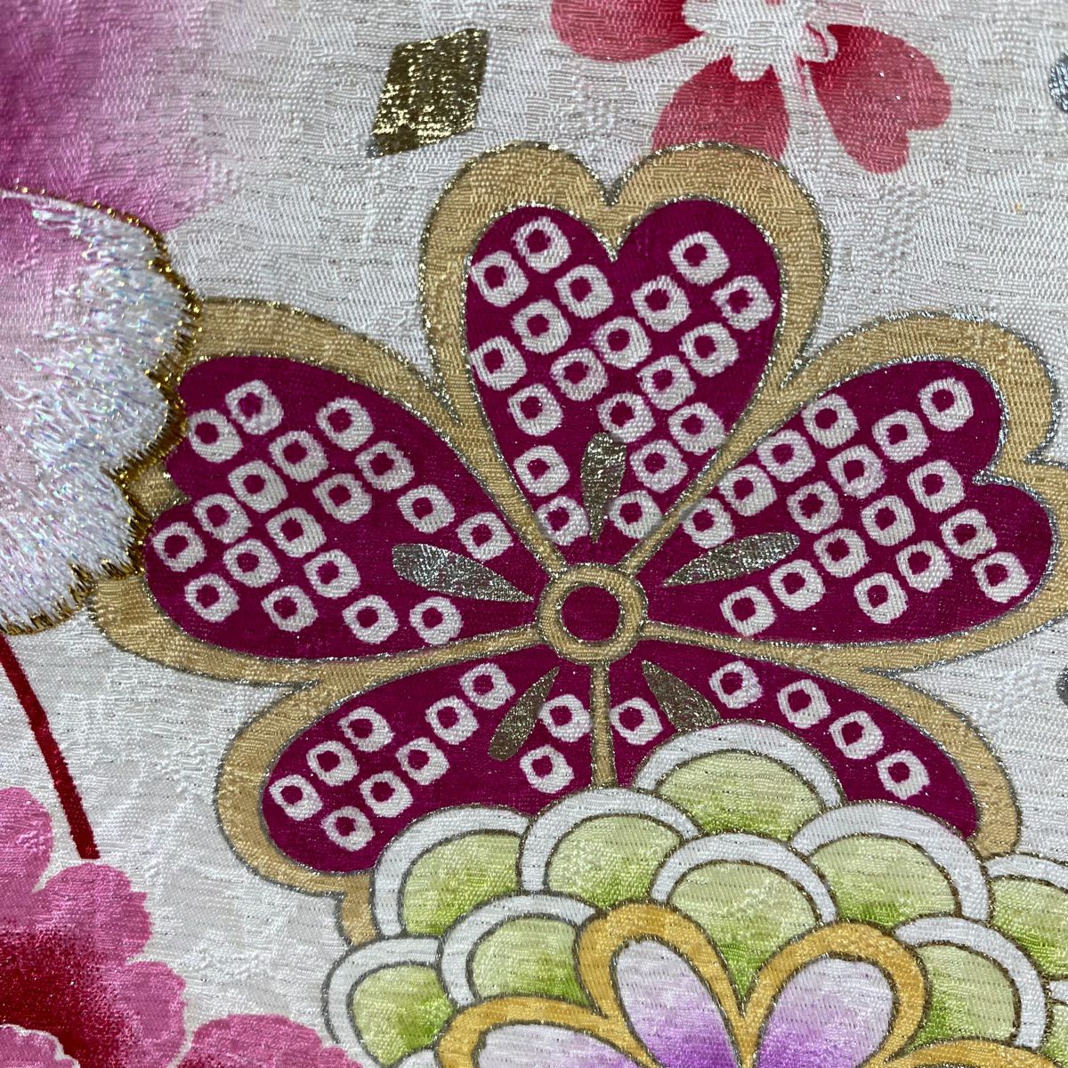 振袖禮服 身長170cm 袖長67.5cm L 雙層 牡丹 櫻花 刺繡 金銀彩 奶油色 純蠶絲 逸品級